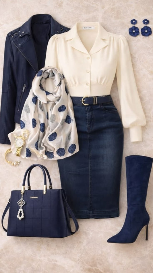 Navy Blue & Cream Chic Denim Skirt Outfit Set - GLOW FIT ESSENTIALS