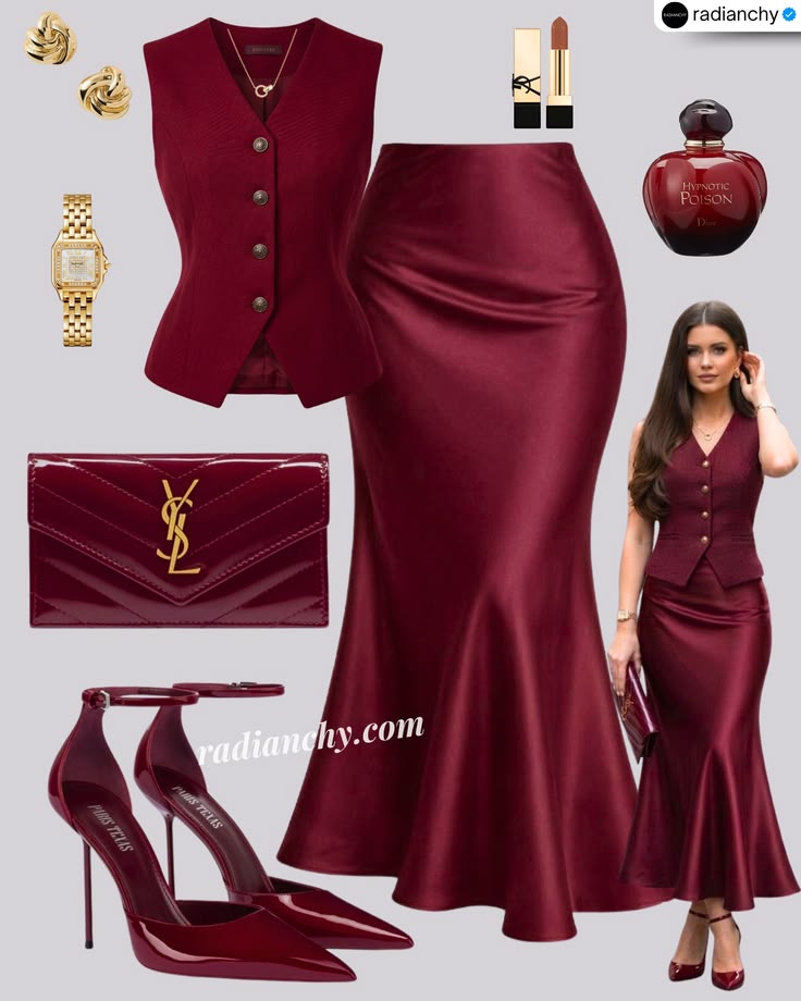 Burgundy Satin Skirt & Vest Luxury Evening Outfit Set - GLOW FIT ESSENTIALS