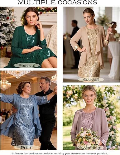 Women's Sequin Dress – Two Piece Knee Length Wedding Guest, Mother of the Bride & Formal Dress - GLOW FIT ESSENTIALS