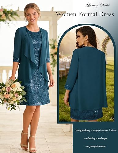 Women's Sequin Dress – Two Piece Knee Length Wedding Guest, Mother of the Bride & Formal Dress - GLOW FIT ESSENTIALS