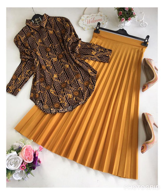 Mustard Pleated Skirt & Baroque Print Shirt Outfit Set - GLOW FIT ESSENTIALS