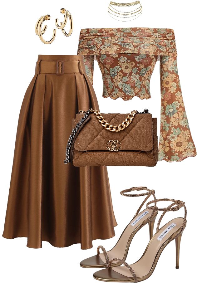 Caramel Brown Leather Skirt & Floral Off-Shoulder Top Luxury Outfit Set - GLOW FIT ESSENTIALS