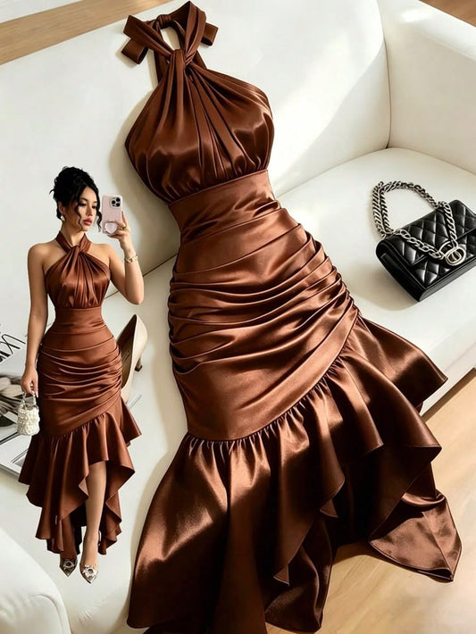 Chocolate Satin Halter Ruffle Mermaid Dress – Ruched Bodycon Hi-Lo Party & Cocktail Gown - GLOW FIT ESSENTIALS