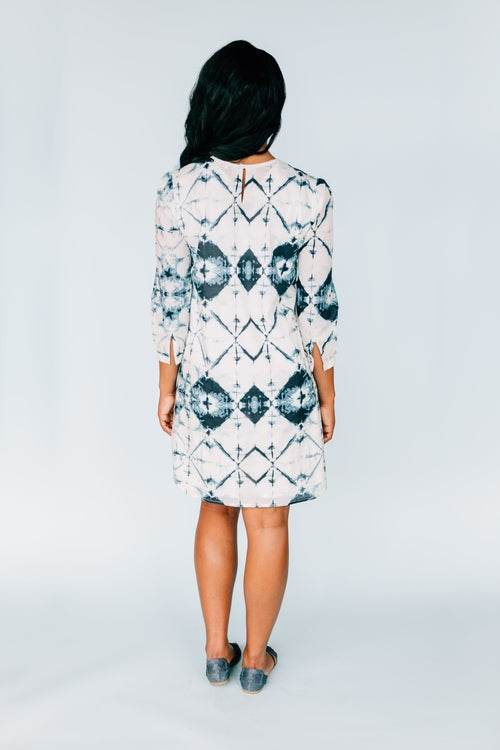 Inkwell Tie-Dye Print Dress – 3/4 Sleeve Midi Dress with Keyhole Back | Made in USA - GLOW FIT ESSENTIALS