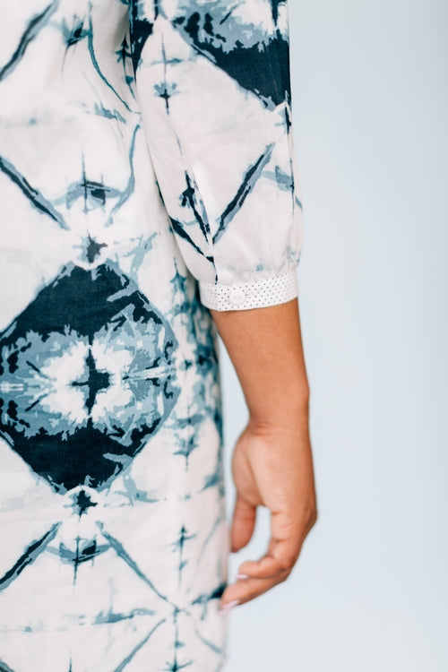 Inkwell Tie-Dye Print Dress – 3/4 Sleeve Midi Dress with Keyhole Back | Made in USA - GLOW FIT ESSENTIALS