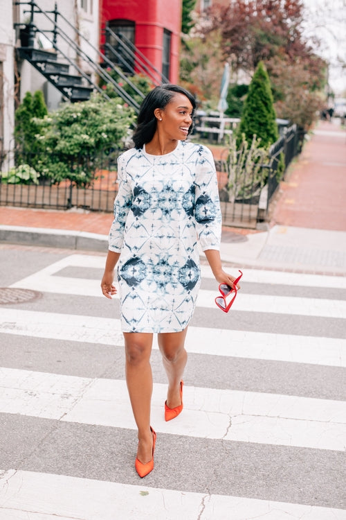 Inkwell Tie-Dye Print Dress – 3/4 Sleeve Midi Dress with Keyhole Back | Made in USA - GLOW FIT ESSENTIALS