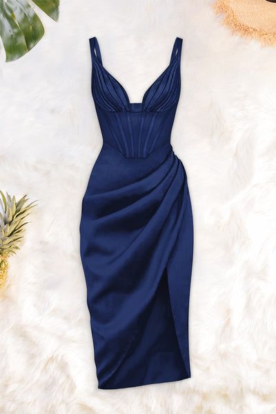 Navy Corset Draped Midi Dress – V-Neck Satin Ruched Wrap Cocktail & Evening Dress - GLOW FIT ESSENTIALS