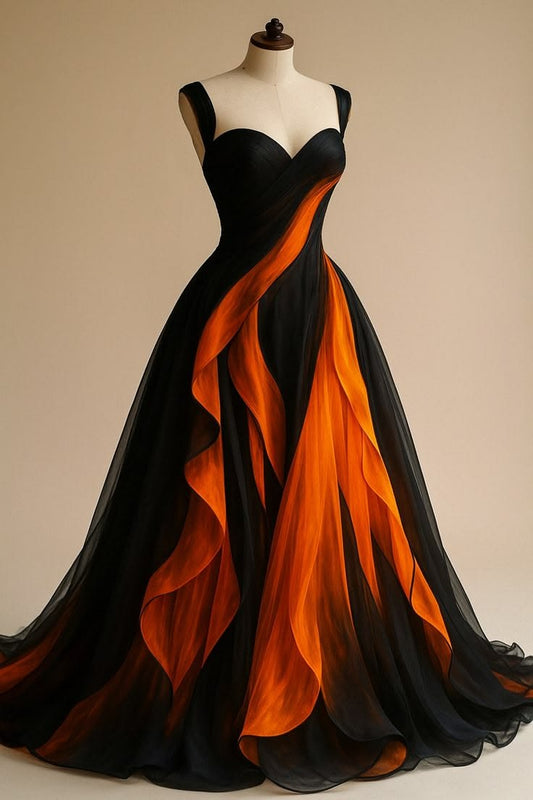 Black & Orange Flame A-Line Prom Gown – Sweetheart Sleeveless Tulle Evening Dress - GLOW FIT ESSENTIALS