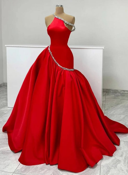 Missacc Elegant Asymmetrical Neckline Mermaid Evening Gown – Red Satin with Crystal Sequin Trim & Sweep Train - GLOW FIT ESSENTIALS