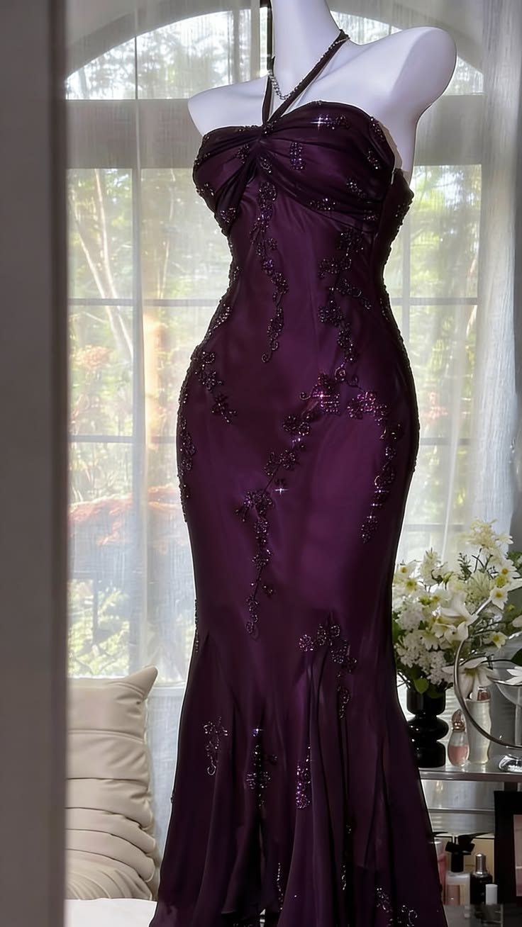 Plum Beaded Halter Mermaid Gown – Crystal Embroidered Satin Evening & Prom Dress - GLOW FIT ESSENTIALS