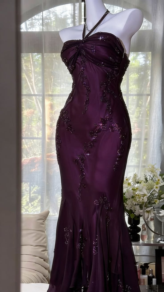 Plum Beaded Halter Mermaid Gown – Crystal Embroidered Satin Evening & Prom Dress - GLOW FIT ESSENTIALS