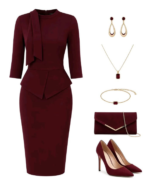 Premium Wine Peplum Bodycon Midi Dress – Elegant 3/4 Sleeve Tie-Neck Office & Evening Wear - GLOW FIT ESSENTIALS