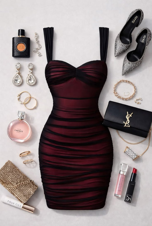 Red Black Party Night Ruched Bodycon Mini Dress – Sweetheart Neckline Date Night & Club Outfit - GLOW FIT ESSENTIALS
