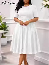 Mlaiscsr Classy Pink Midi Dress – Puff Sleeve Floral Lace A-Line Belted Dress for Women - GLOW FIT ESSENTIALS