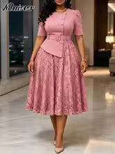 Mlaiscsr Classy Pink Midi Dress – Puff Sleeve Floral Lace A-Line Belted Dress for Women - GLOW FIT ESSENTIALS