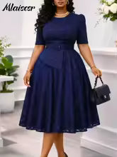 Mlaiscsr Classy Pink Midi Dress – Puff Sleeve Floral Lace A-Line Belted Dress for Women - GLOW FIT ESSENTIALS