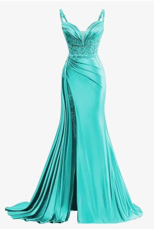 Teal Satin Mermaid Gown – Beaded Lace Bodice, Spaghetti Straps & Side Slit Evening Prom Dress - GLOW FIT ESSENTIALS