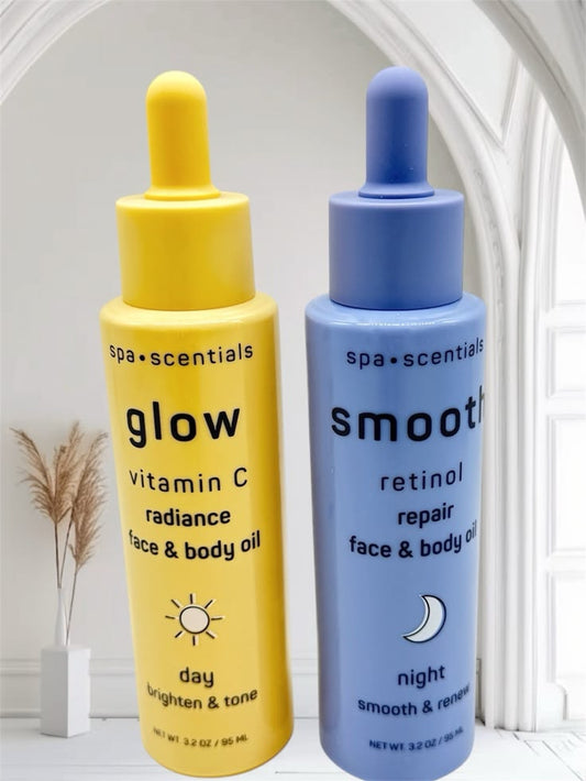 Spa Scentials Glow & Smooth Day/Night Face & Body Oil Duo – Vitamin C Radiance + Retinol Repair (3.2 oz each) - GLOW FIT ESSENTIALS
