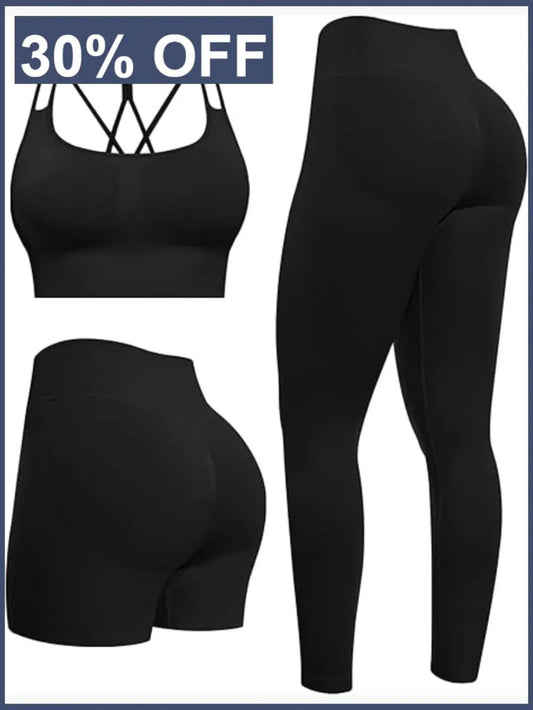 3-Piece Seamless Workout Set – High Waisted Leggings, Shorts & Sports Bra | Squat-Proof Activewear - GLOW FIT ESSENTIALS
