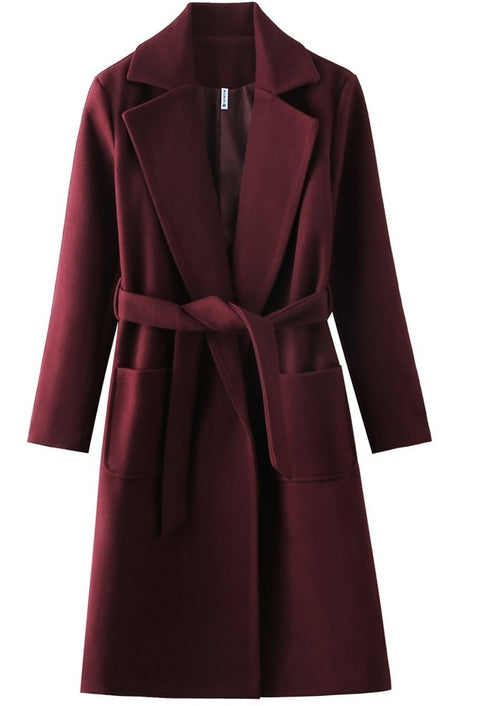 Women's Belted Wool Coat - Long Sleeve Parka with Turn-Down Collar and Slant Pockets | 4 Colours - GLOW FIT ESSENTIALS