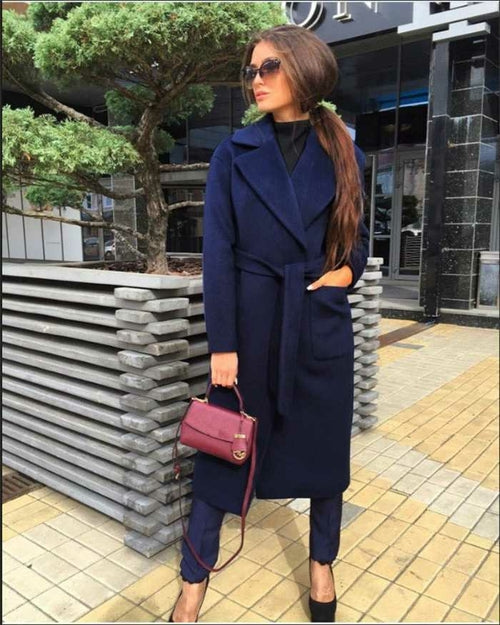 Women's Belted Wool Coat - Long Sleeve Parka with Turn-Down Collar and Slant Pockets | 4 Colours - GLOW FIT ESSENTIALS