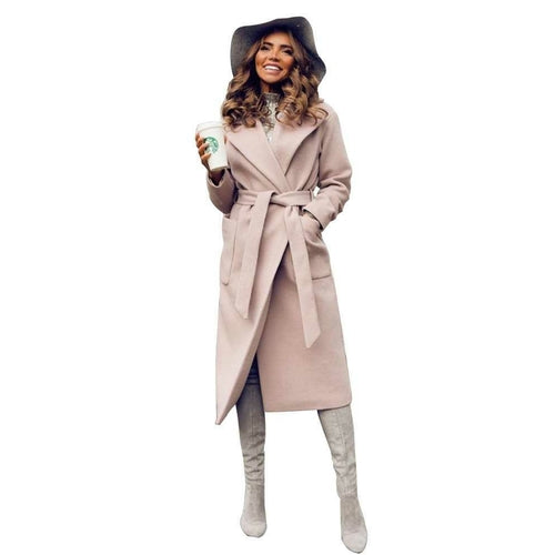 Women's Belted Wool Coat - Long Sleeve Parka with Turn-Down Collar and Slant Pockets | 4 Colours - GLOW FIT ESSENTIALS