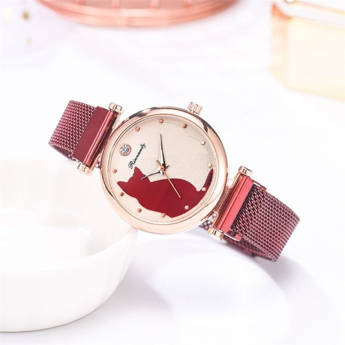 Women's 5-Piece Fashion Watch Set - Quartz Wristwatch with Cat Dial, Mesh Belt and 4 Bracelets - GLOW FIT ESSENTIALS