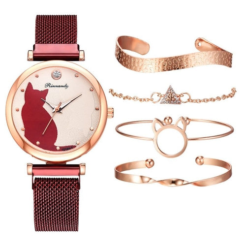 Women's 5-Piece Fashion Watch Set - Quartz Wristwatch with Cat Dial, Mesh Belt and 4 Bracelets - GLOW FIT ESSENTIALS