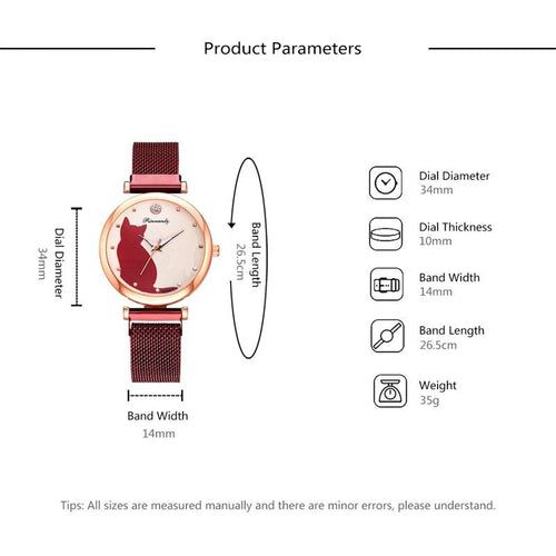 Women's 5-Piece Fashion Watch Set - Quartz Wristwatch with Cat Dial, Mesh Belt and 4 Bracelets - GLOW FIT ESSENTIALS