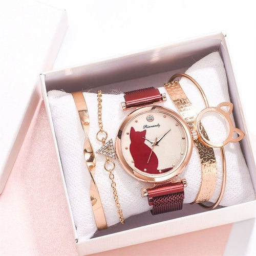 Women's 5-Piece Fashion Watch Set - Quartz Wristwatch with Cat Dial, Mesh Belt and 4 Bracelets - GLOW FIT ESSENTIALS