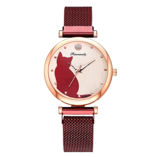 Women's 5-Piece Fashion Watch Set - Quartz Wristwatch with Cat Dial, Mesh Belt and 4 Bracelets - GLOW FIT ESSENTIALS