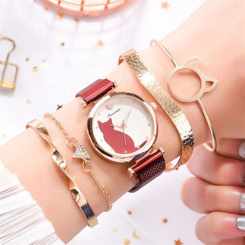 Women's 5-Piece Fashion Watch Set - Quartz Wristwatch with Cat Dial, Mesh Belt and 4 Bracelets - GLOW FIT ESSENTIALS