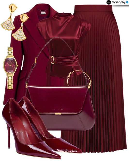 Burgundy Satin Blazer & Pleated Midi Skirt Set - GLOW FIT ESSENTIALS